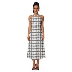 Gray And White Leaf Pattern Sleeveless Cross Front Cocktail Midi Chiffon Dress