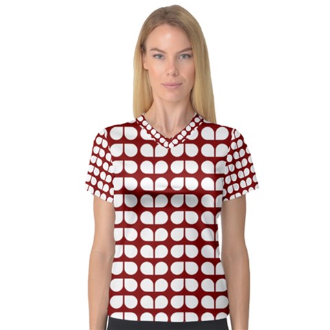 Red And White Leaf Pattern V-neck Sport Mesh Tee by GardenOfOphir