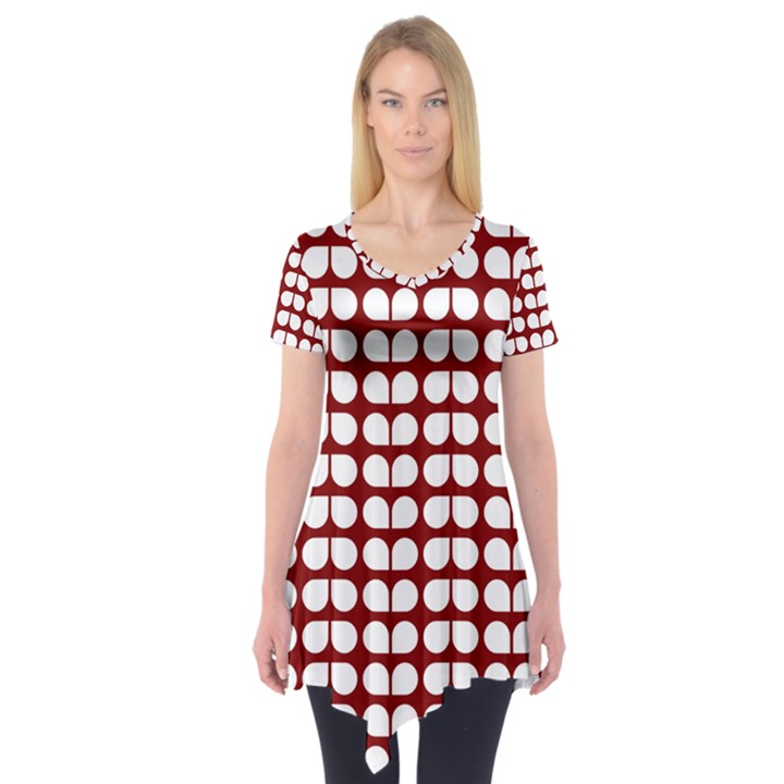 Red And White Leaf Pattern Short Sleeve Tunic 