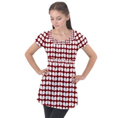 Red And White Leaf Pattern Puff Sleeve Tunic Top by GardenOfOphir