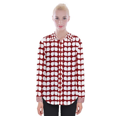 Red And White Leaf Pattern Womens Long Sleeve Shirt by GardenOfOphir