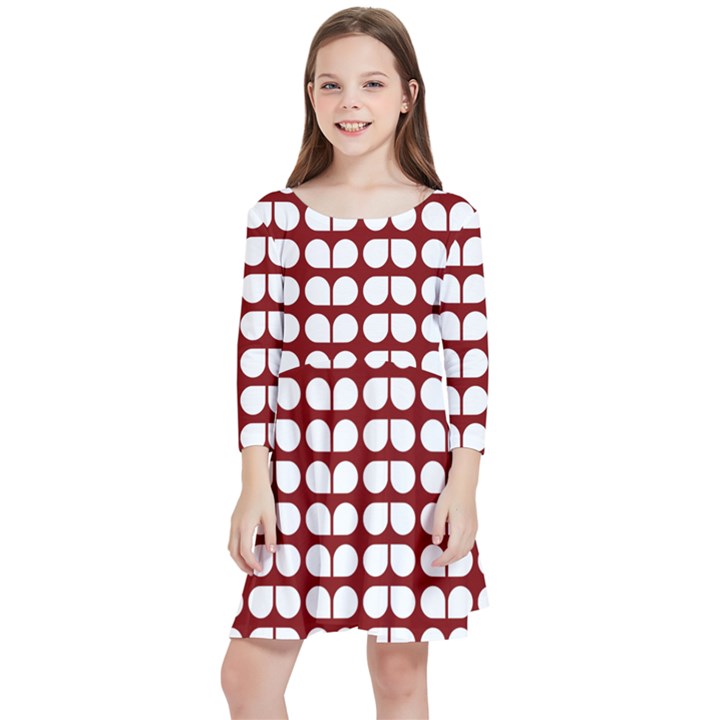 Red And White Leaf Pattern Kids  Quarter Sleeve Skater Dress