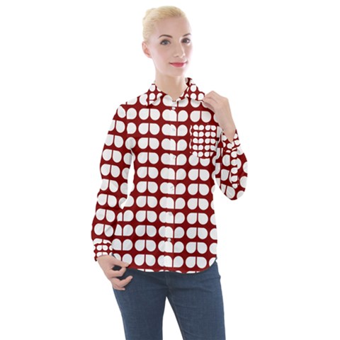 Red And White Leaf Pattern Women s Long Sleeve Pocket Shirt by GardenOfOphir