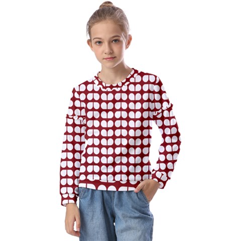 Red And White Leaf Pattern Kids  Long Sleeve Tee With Frill  by GardenOfOphir