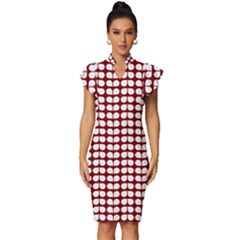 Red And White Leaf Pattern Vintage Frill Sleeve V-neck Bodycon Dress