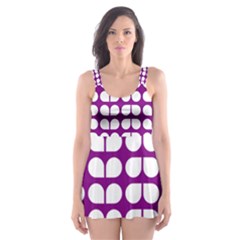 Purple And White Leaf Pattern Skater Dress Swimsuit by GardenOfOphir