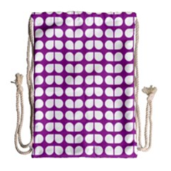 Purple And White Leaf Pattern Drawstring Bag (large) by GardenOfOphir