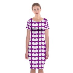 Purple And White Leaf Pattern Classic Short Sleeve Midi Dress by GardenOfOphir