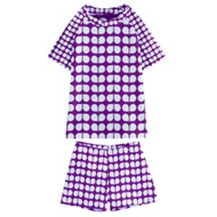 Purple And White Leaf Pattern Kids  Swim Tee And Shorts Set by GardenOfOphir