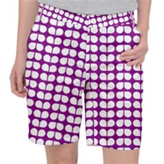 Purple And White Leaf Pattern Women s Pocket Shorts by GardenOfOphir