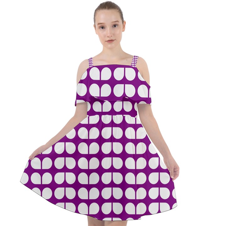 Purple And White Leaf Pattern Cut Out Shoulders Chiffon Dress