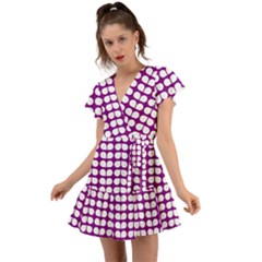 Purple And White Leaf Pattern Flutter Sleeve Wrap Dress by GardenOfOphir