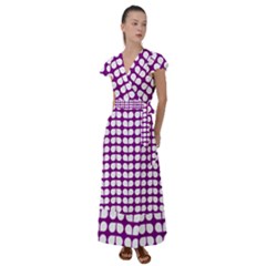 Purple And White Leaf Pattern Flutter Sleeve Maxi Dress by GardenOfOphir