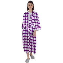 Purple And White Leaf Pattern Maxi Satin Kimono by GardenOfOphir