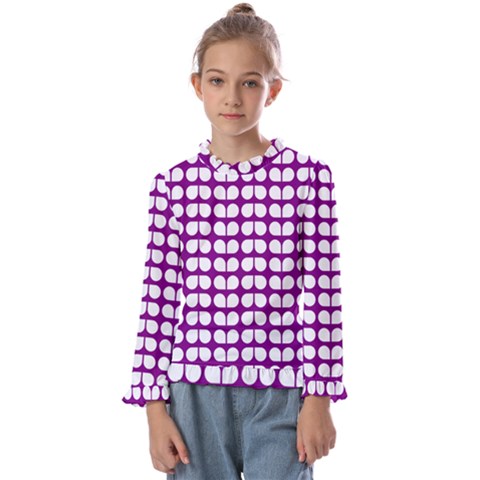 Purple And White Leaf Pattern Kids  Frill Detail Tee by GardenOfOphir