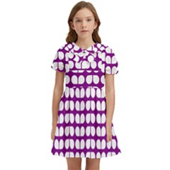 Purple And White Leaf Pattern Kids  Bow Tie Puff Sleeve Dress by GardenOfOphir