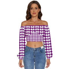 Purple And White Leaf Pattern Long Sleeve Crinkled Weave Crop Top by GardenOfOphir