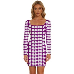 Purple And White Leaf Pattern Long Sleeve Square Neck Bodycon Velvet Dress by GardenOfOphir