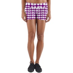 Purple And White Leaf Pattern Yoga Shorts by GardenOfOphir