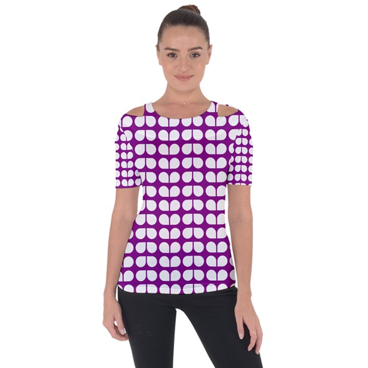 Purple And White Leaf Pattern Shoulder Cut Out Short Sleeve Top