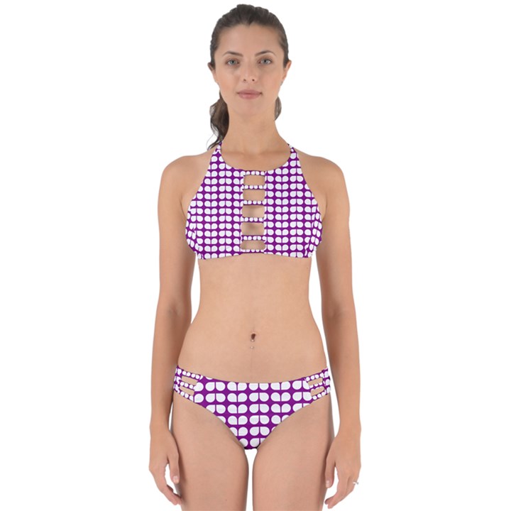 Purple And White Leaf Pattern Perfectly Cut Out Bikini Set