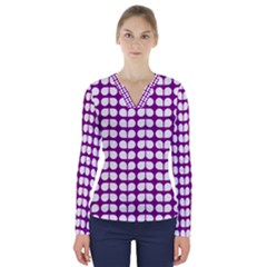 Purple And White Leaf Pattern V-neck Long Sleeve Top by GardenOfOphir