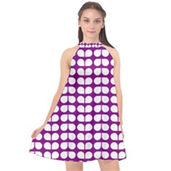 Purple And White Leaf Pattern Halter Neckline Chiffon Dress  by GardenOfOphir