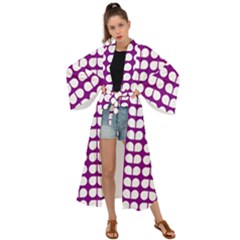 Purple And White Leaf Pattern Maxi Kimono by GardenOfOphir