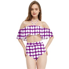 Purple And White Leaf Pattern Halter Flowy Bikini Set  by GardenOfOphir