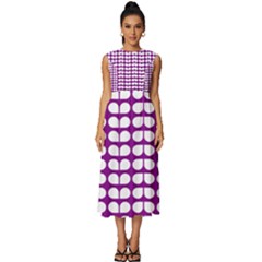 Purple And White Leaf Pattern Sleeveless Round Neck Midi Dress by GardenOfOphir