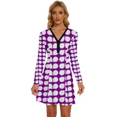 Purple And White Leaf Pattern Long Sleeve Deep V Mini Dress  by GardenOfOphir