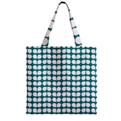 Teal And White Leaf Pattern Zipper Grocery Tote Bag by GardenOfOphir