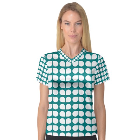 Teal And White Leaf Pattern V-neck Sport Mesh Tee by GardenOfOphir