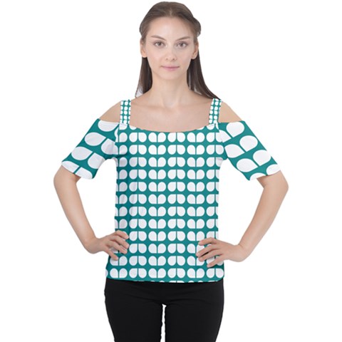 Teal And White Leaf Pattern Cutout Shoulder Tee by GardenOfOphir