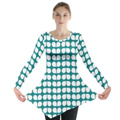 Teal And White Leaf Pattern Long Sleeve Tunic  by GardenOfOphir