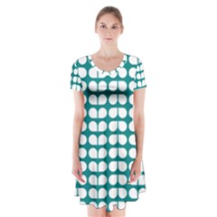 Teal And White Leaf Pattern Short Sleeve V-neck Flare Dress by GardenOfOphir