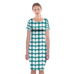 Teal And White Leaf Pattern Classic Short Sleeve Midi Dress by GardenOfOphir