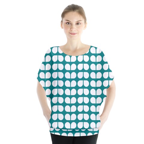 Teal And White Leaf Pattern Batwing Chiffon Blouse by GardenOfOphir