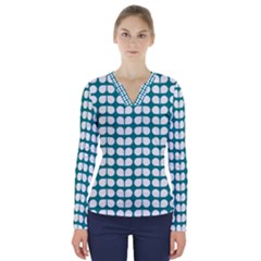 Teal And White Leaf Pattern V-neck Long Sleeve Top by GardenOfOphir