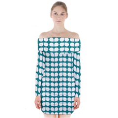 Teal And White Leaf Pattern Long Sleeve Off Shoulder Dress by GardenOfOphir