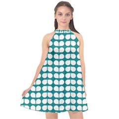 Teal And White Leaf Pattern Halter Neckline Chiffon Dress  by GardenOfOphir