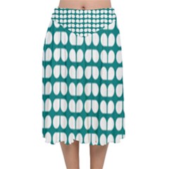 Teal And White Leaf Pattern Velvet Flared Midi Skirt by GardenOfOphir