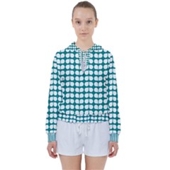 Teal And White Leaf Pattern Women s Tie Up Sweat by GardenOfOphir