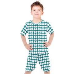 Teal And White Leaf Pattern Kids  Tee And Shorts Set by GardenOfOphir