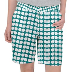 Teal And White Leaf Pattern Women s Pocket Shorts by GardenOfOphir