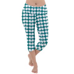 Teal And White Leaf Pattern Lightweight Velour Capri Yoga Leggings by GardenOfOphir