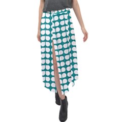 Teal And White Leaf Pattern Velour Split Maxi Skirt by GardenOfOphir