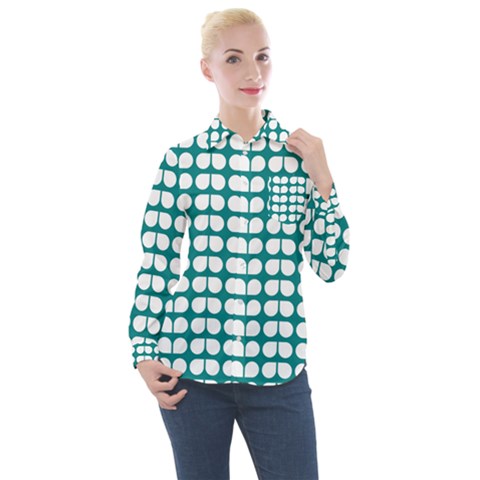 Teal And White Leaf Pattern Women s Long Sleeve Pocket Shirt by GardenOfOphir