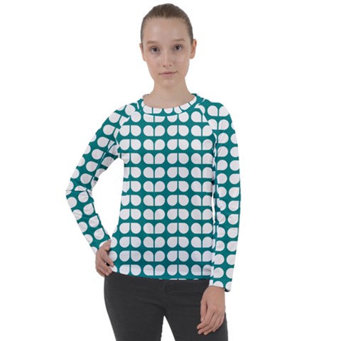 Teal And White Leaf Pattern Women s Long Sleeve Raglan Tee by GardenOfOphir