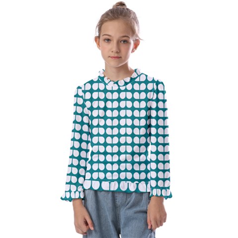 Teal And White Leaf Pattern Kids  Frill Detail Tee by GardenOfOphir